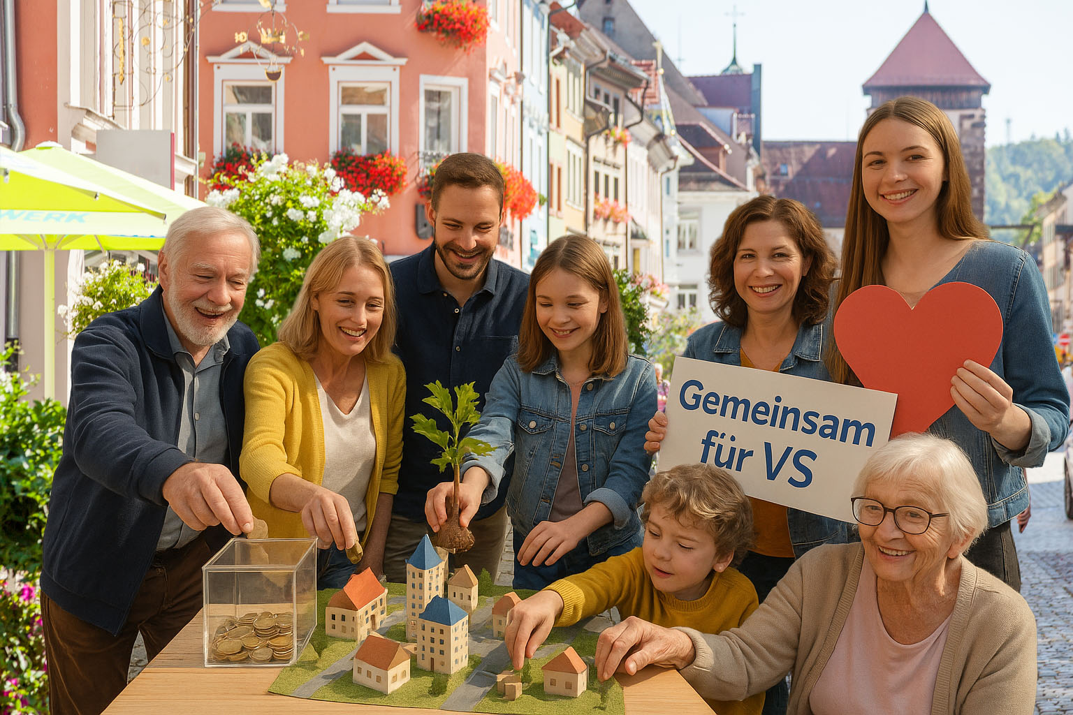 Menschen stehen um einen Tisch in der Villinger Innenstadt und engagieren sich für die Bürgerstiftung Villingen-Schwenningen