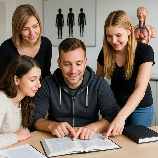Vier junge Personen sitzen an einem Tisch beim gemeinsamen Lernen