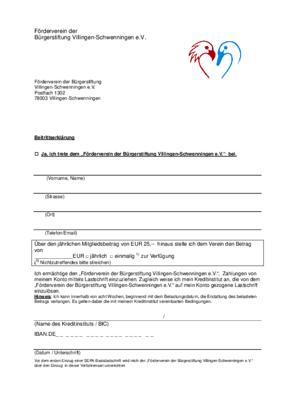 Beitrittserklärung Förderverein Bürgerstiftung VS